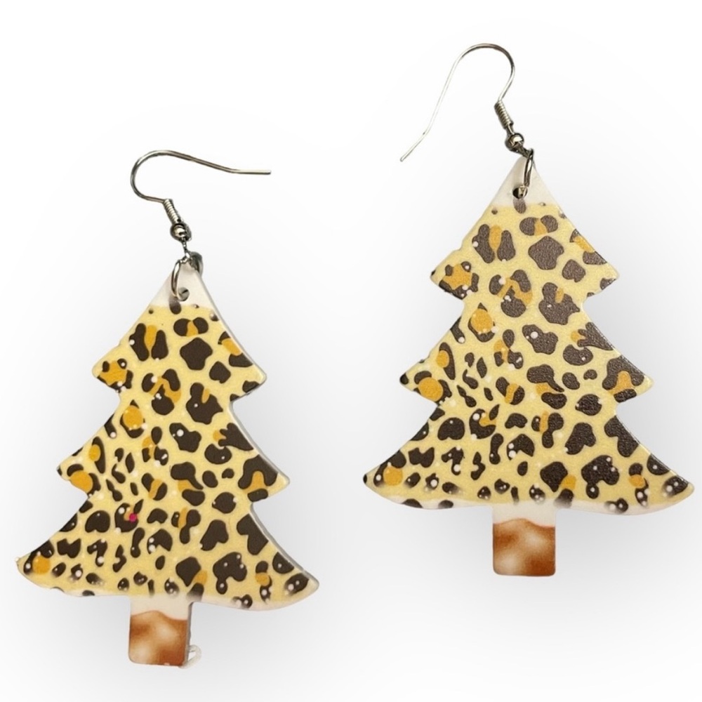Christmas Cheetah Print Tree Earrings Acrylic Dangle Drop 1 for $8 or 3 for $12